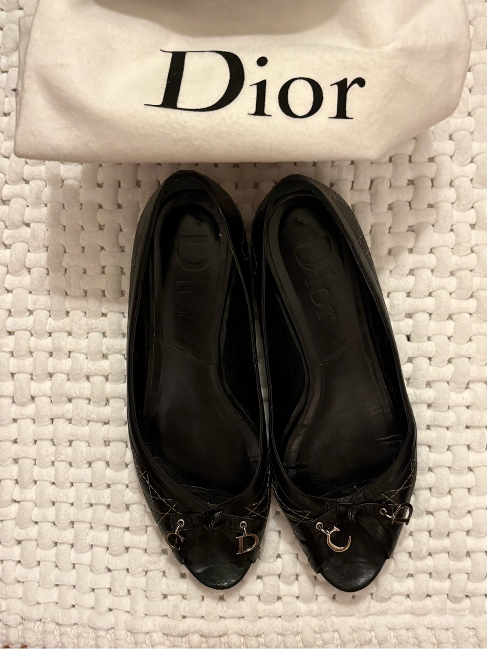 Dior Black Cannage  Ballerine Flats Peep Toe with Signature Charms